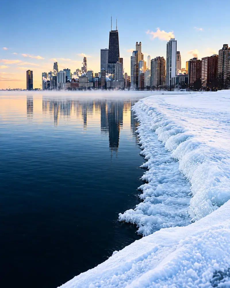 The Chicago skyline and John Hancock Center on a freezing winter day, with snow and ice formations along the shore of Lake Michigan and mist rising from the water.