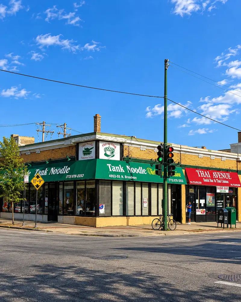 A bright green awning wraps around a prominent corner restaurant building bearing the name "Tank Noodle Phở Xe Tăng" along a city street intersection. Adjacent to it, a red awning marks the neighboring Thai Avenue restaurant, with a green bicycle parked near a traffic light pole on the sidewalk under a clear blue sky.