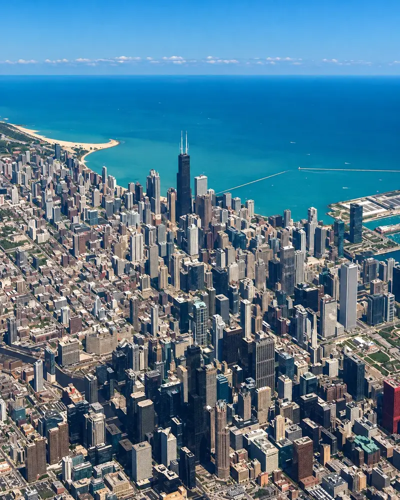 • A high-altitude aerial view reveals the dense, sprawling grid of downtown Chicago's skyscrapers stretching toward the shoreline. The deep blue expanse of Lake Michigan curves along the edge of the city, with the dark, tapered profile of the John Hancock Center rising prominently in the mid-ground.