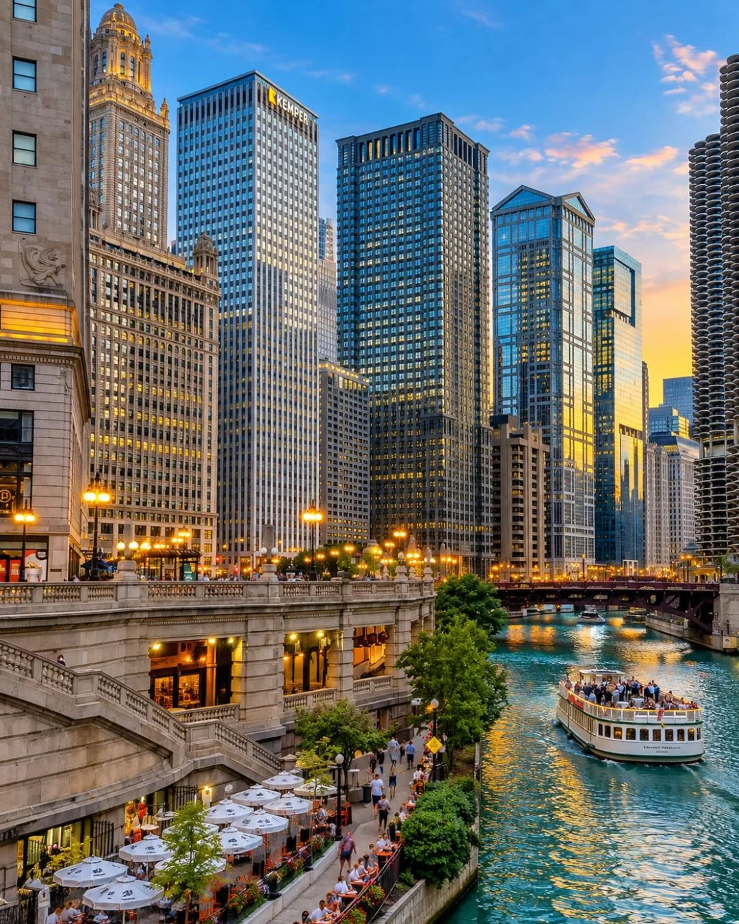 A high-angle view captures a multi-deck tour boat cruising along the bright teal water of the Chicago River flanked by a bustling riverwalk with patio dining. The golden glow of a sunset reflects off an impressive skyline of towering architectural glass and stone skyscrapers.