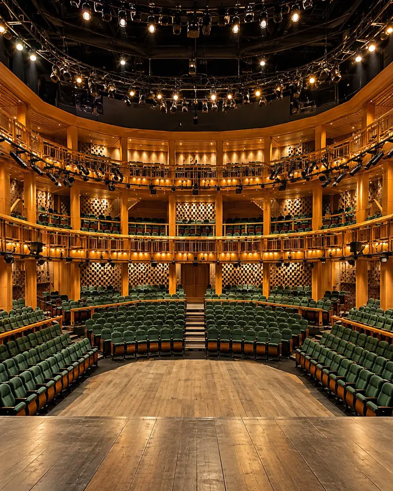 An interior view from an elevated angle captures an elegant, multi-tiered courtyard theater with curved rows of green cushioned seats facing an open wooden thrust stage. Warm wooden architecture and three levels of wrap-around balconies define the intimate performance venue under overhead stage lighting.