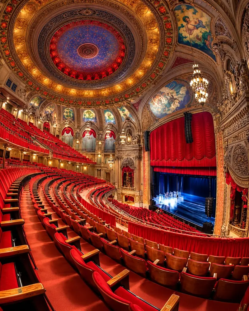 A wide-angle, elevated view showcases the interior of an expansive auditorium with curved rows of vibrant red velvet plush seating. The magnificent theater features a massive decorated ceiling dome, classical wall frescoes, ornate golden architectural details, and a dark stage framed by a large red curtain.