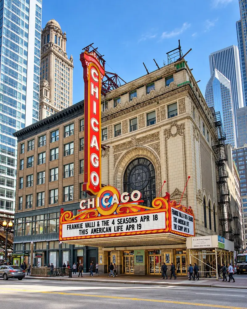The exterior of the historic Chicago Theatre features a grand arched window, intricate architectural details, and its iconic, bright red vertical sign spelling out "CHICAGO." Below, the prominent marquee lists upcoming performances for Frankie Valli & The 4 Seasons and This American Life.
