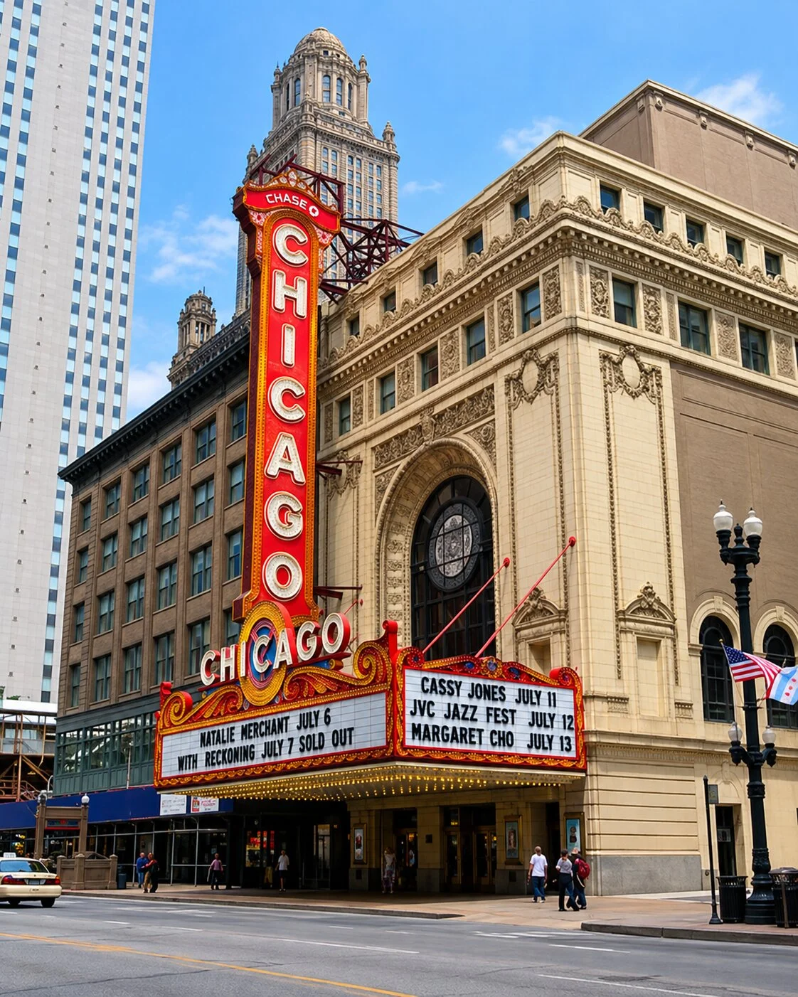 The historic, ornate facade of the Chicago Theatre features a prominent vertical neon sign spelling out "CHICAGO" above a large street-level marquee advertising upcoming performances. Pedestrians walk along the sidewalk below the grand architectural structure on a clear day.
