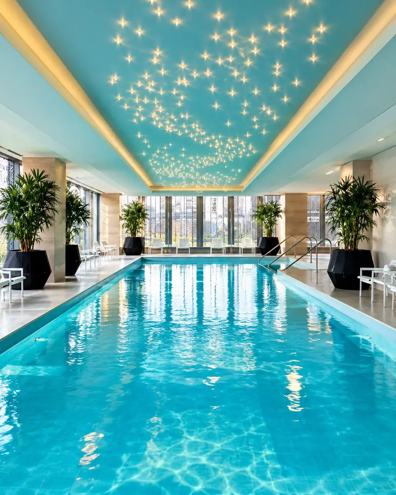 A sleek indoor swimming pool is filled with glowing turquoise water that reflects a vibrant teal ceiling adorned with an artistic cluster of small, twinkling lights. White lounge chairs and large potted green palms line the clean, minimalist pool deck, which features floor-to-ceiling windows along the far wall.