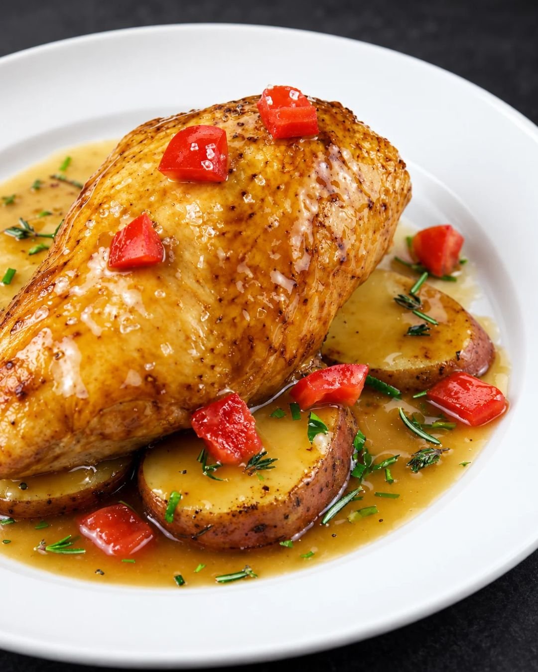 A close-up shot of an upscale presentation of Chicken Vesuvio served on a white plate. A juicy, golden-brown chicken breast is coated in a glossy white wine and garlic sauce, resting on thick slices of roasted red potatoes, garnished with diced tomatoes and fresh rosemary.