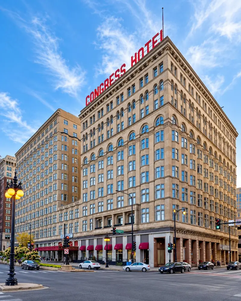 A wide-angle, eye-level shot captures the historic Congress Plaza Hotel in Chicago, a large stone building with a prominent red sign reading "CONGRESS HOTEL" along its roofline. The multi-story structure features classical architectural details, numerous windows, and street-level storefronts with red awnings along a city intersection.