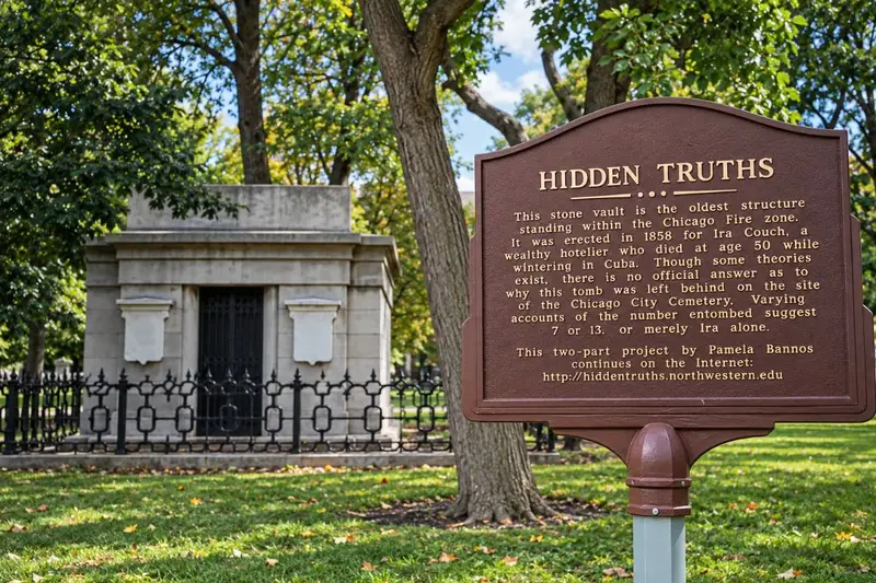 Historical informational plaque near the Couch Tomb detailing the history of the former Chicago City Cemetery in Lincoln Park.