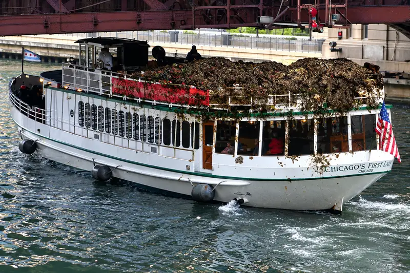 An AI-generated parody illustration showing a Chicago river tour boat covered in a massive pile of solid waste, representing the viral internet myth of the 2004 incident.