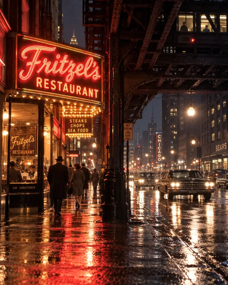An artistic illustration of Fritzel's Restaurant glowing under the CTA elevated tracks at State and Lake Streets in the Chicago Loop.