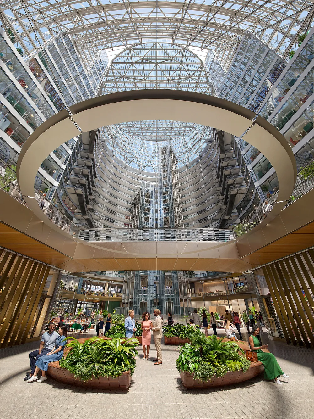 Low-angle architectural rendering looking up into the soaring 17-story glass atrium of the Google Thompson Center in Chicago, featuring a massive skylight, glass elevators, and people gathering in a bright, plant-filled public concourse.