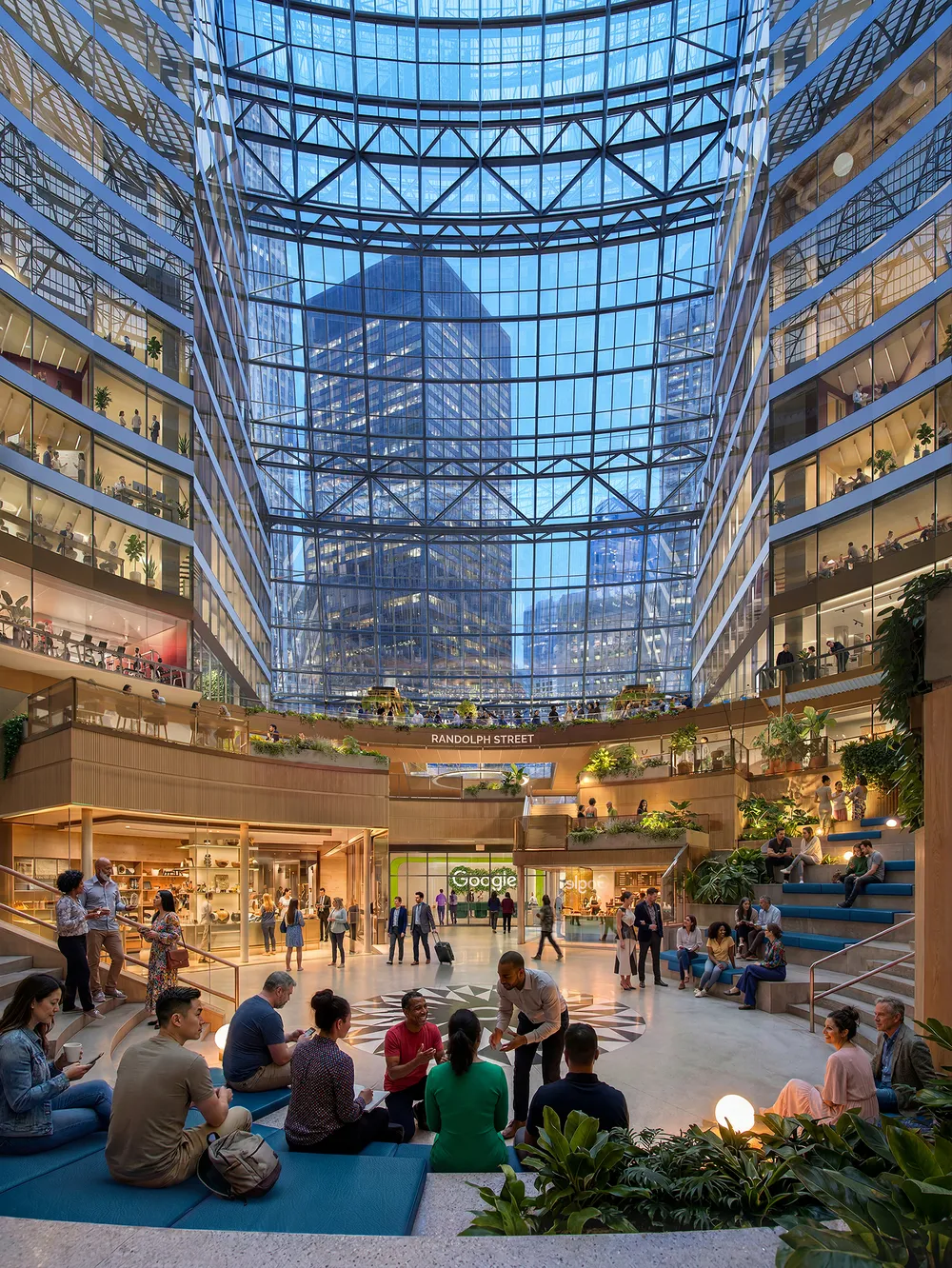 Architectural rendering of the redesigned Google Thompson Center sunken concourse in Chicago, showing people gathering on terraced seating, retail storefronts, a large glass facade, and the preserved original black-and-white marble floor mosaic.