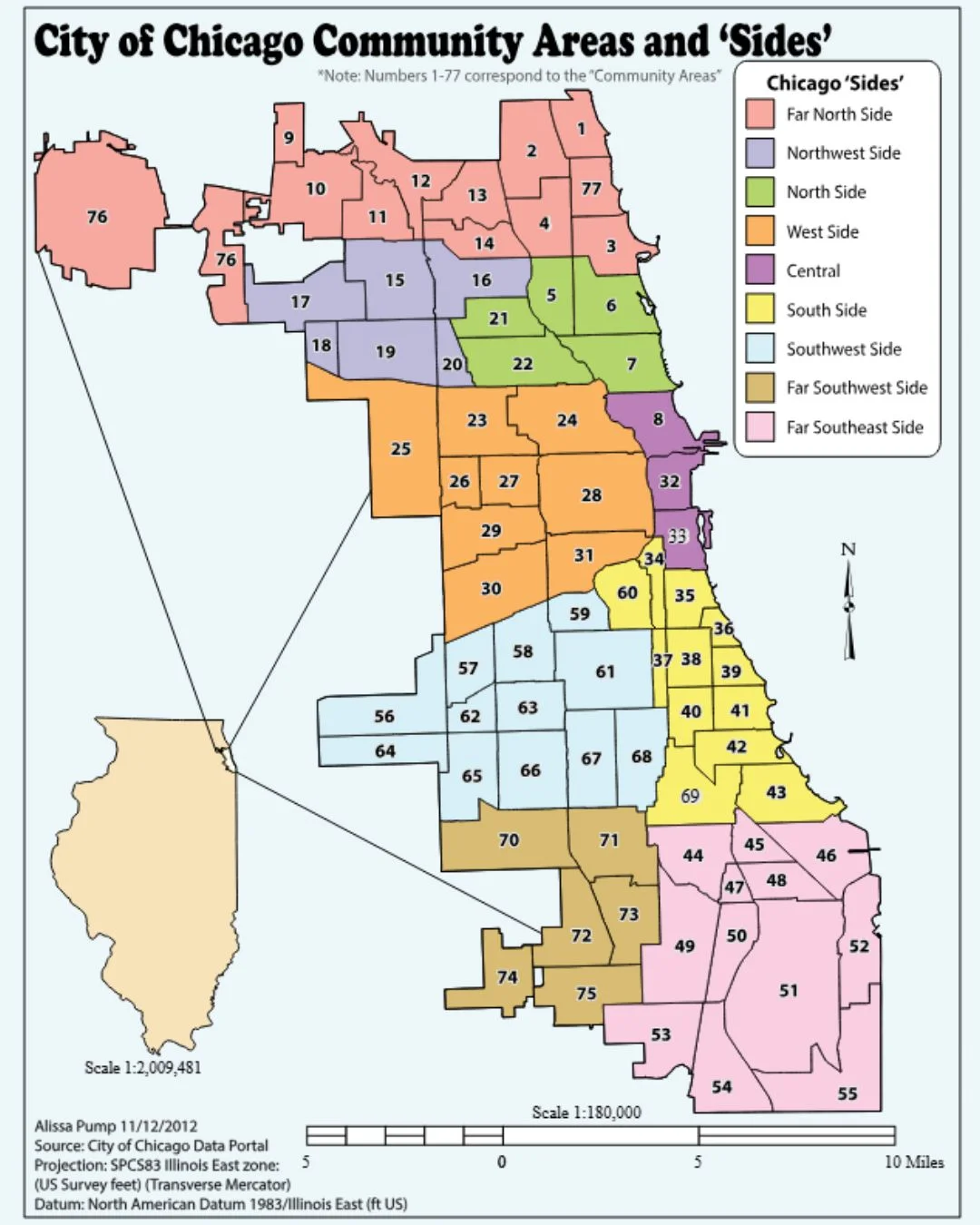 This color-coded map illustrates the city of Chicago divided into 77 numbered community areas grouped into nine distinct geographic regions called "Sides." A key on the right labels each region with a different color, such as peach for the Far North Side and yellow for the South Side.