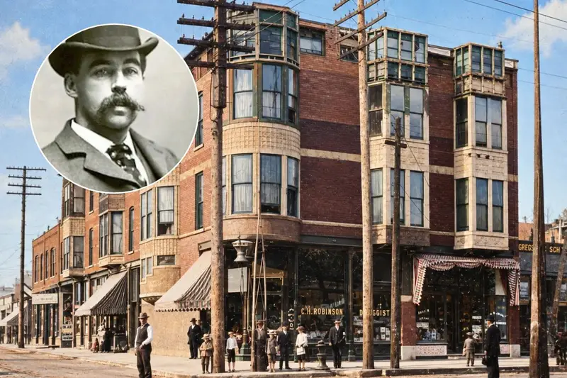 • • The deceptively ordinary exterior of H.H. Holmes' notorious Chicago "Murder Castle," where the 1893 World's Fair serial killer constructed a maze of deadly traps.