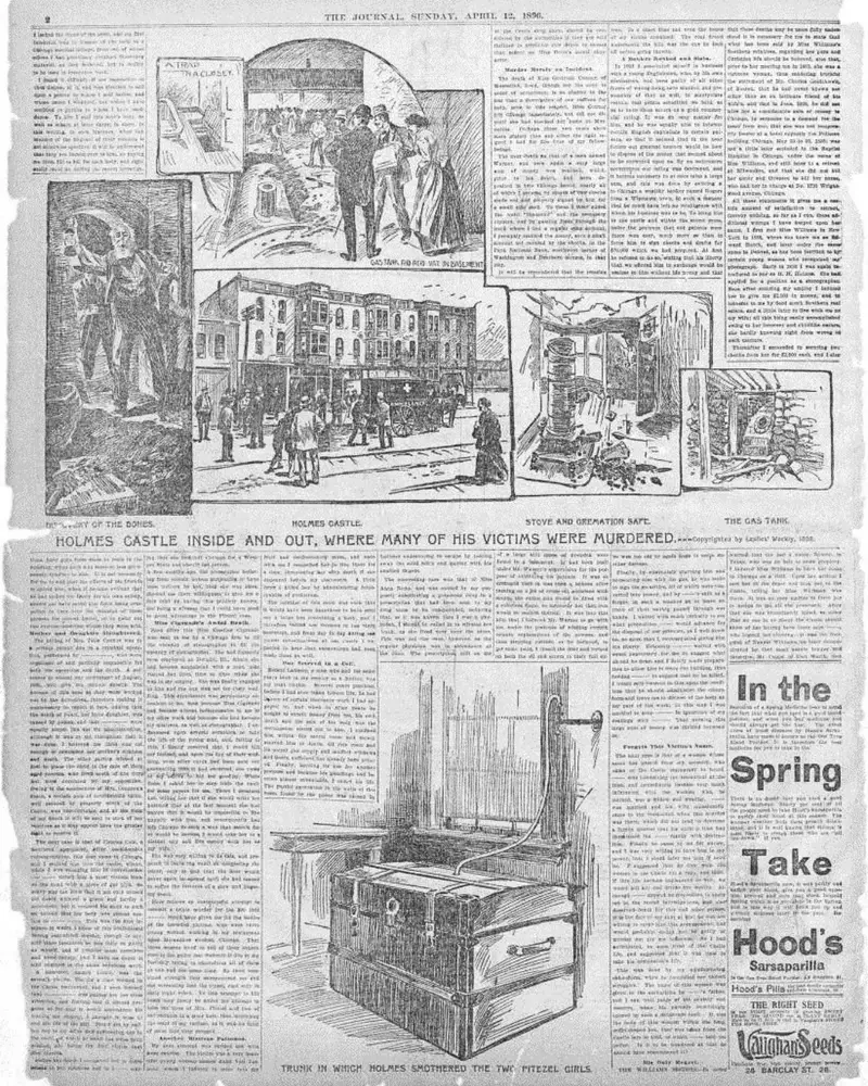 A full-page vintage newspaper clipping from 1896 featuring sensationalized cross-section illustrations of H.H. Holmes' Englewood building.