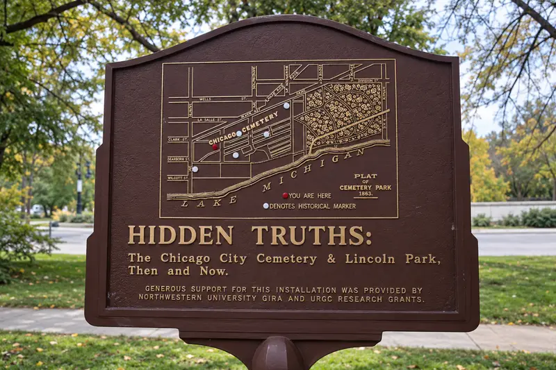 A close-up of a brown historical plaque titled Hidden Truths, featuring an engraved 1863 map that shows the original layout of the Chicago City Cemetery where Lincoln Park exists today.