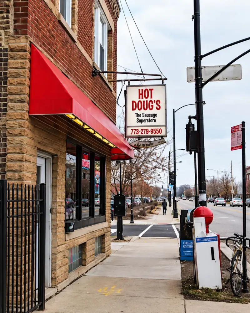A digital recreation of the Hot Doug's storefront on California Avenue in Chicago's Avondale neighborhood.