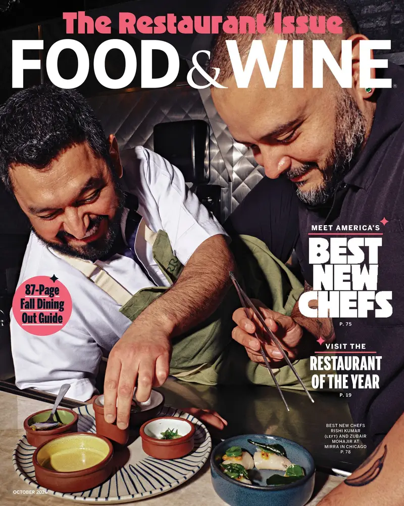 The October 2026 cover of Food & Wine magazine featuring Chefs Rishi Kumar and Zubair Mohajir of Chicago's Mirra plating a dish together.