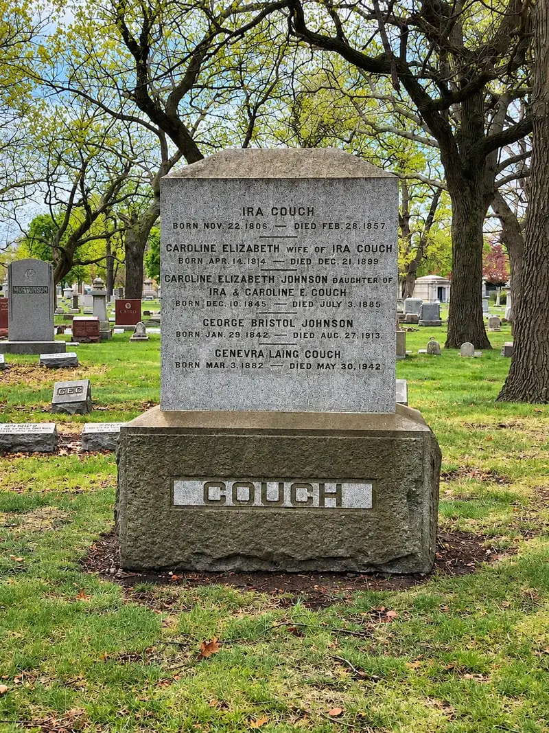 A large grey granite headstone in Rosehill Cemetery engraved with the name COUCH, listing the birth and death dates of Ira Couch and his family members.