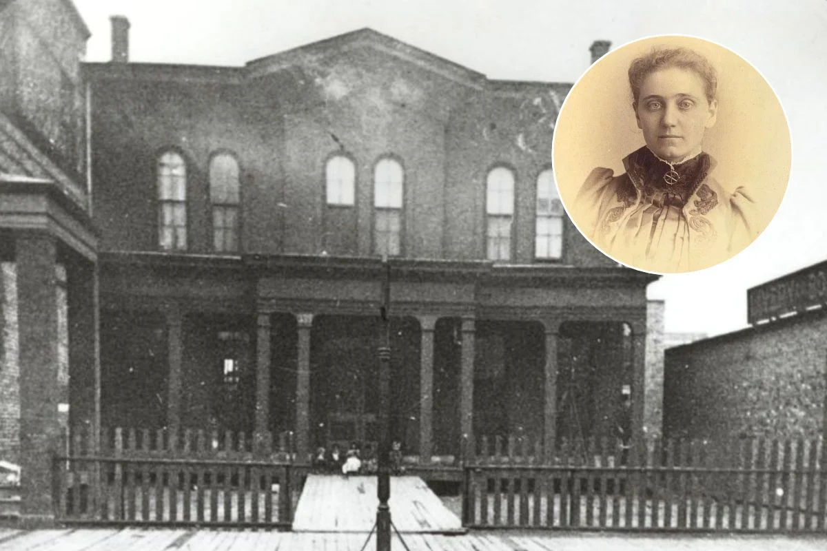 A composite historical photograph featuring a late 19th-century portrait of Jane Addams inset over a dark, vintage photograph of the original Hull Mansion on Halsted Street in Chicago.