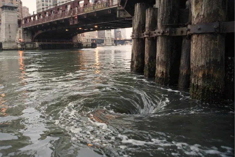 An illustration of a massive whirlpool spinning in the Chicago River next to the wooden pilings of the Kinzie Street Bridge, representing the 1992 underground flood.