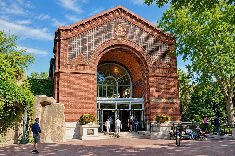 Visitors walking into the historic red-brick Kovler Lion House at Chicago's Lincoln Park Zoo on a sunny day.