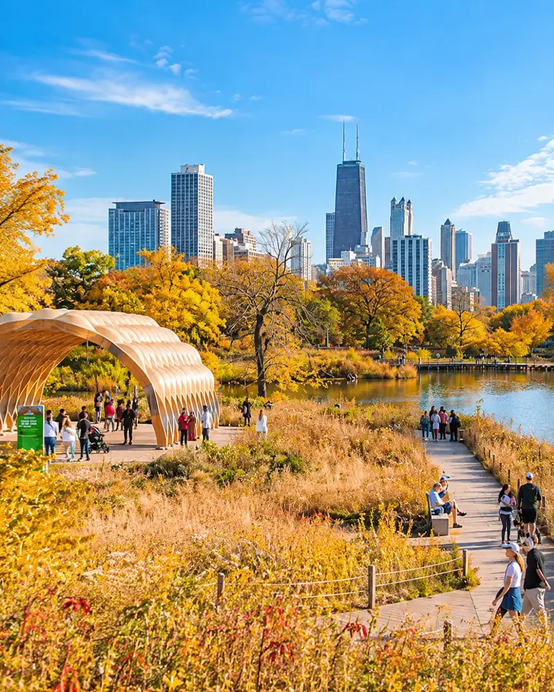 People walking around the wooden Honeycomb pavilion at the Lincoln Park Nature Boardwalk during autumn, with the John Hancock Center and Chicago skyline rising above the golden fall foliage.