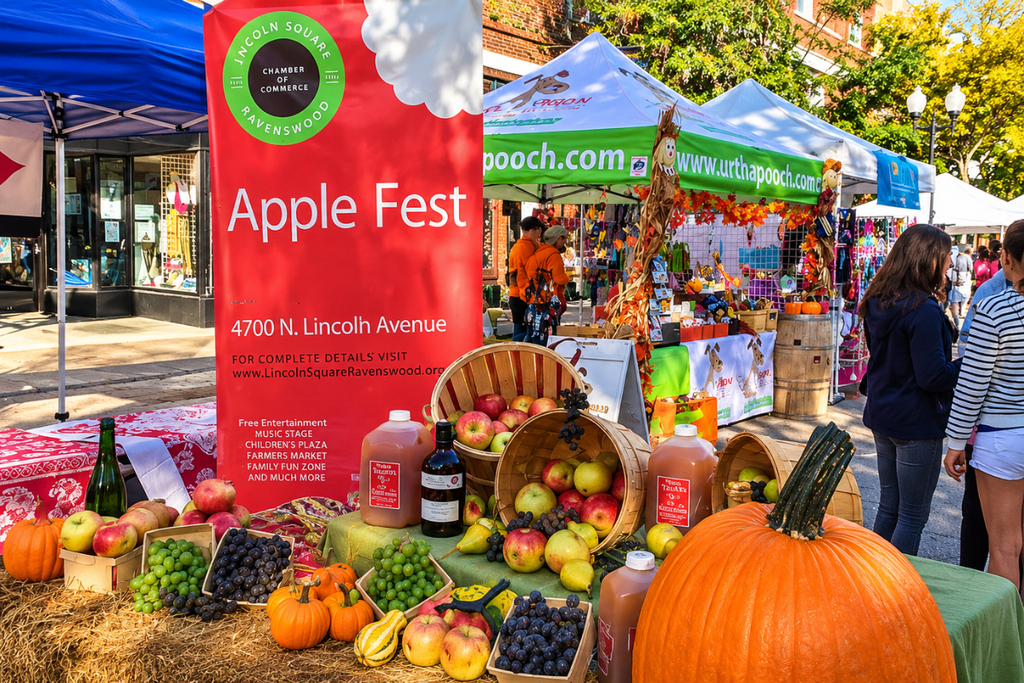 Outdoor street market table display at the Lincoln Square Ravenswood Apple Fest in Chicago, featuring wooden baskets of fresh apples, large orange pumpkins, grapes, and local apple cider bottles in front of community vendor tents.