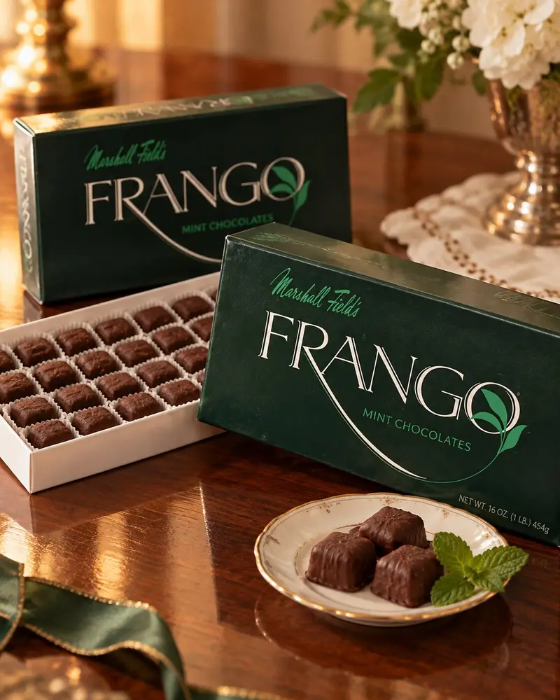 Two dark green boxes of Marshall Field's Frango Mint Chocolates sit on a polished wooden table alongside an open white tray displaying rows of square, textured chocolates. In the foreground, a small porcelain saucer holds four chocolates garnished with fresh mint leaves next to a folded green ribbon.