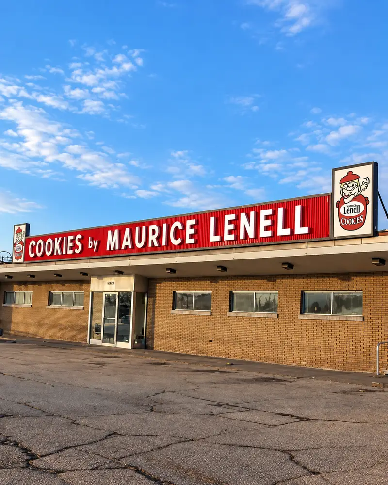 A daytime, low-angle shot showcases the storefront of the historic Maurice Lenell Cooky Company building under a bright blue sky scattered with light clouds. The single-story brick structure features a prominent red corrugated metal fascia displaying the text "COOKIES by MAURICE LENELL" in large white block letters, flanked by signs featuring the company's classic chef cartoon logo.