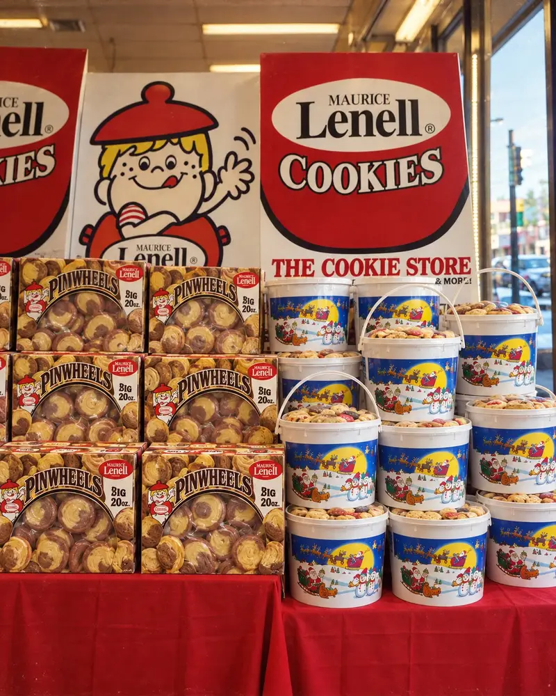 A festive store display on a red tablecloth features stacked boxes of Maurice Lenell Pinwheels cookies on the left and stacked white holiday buckets filled with assorted cookies on the right. Large retro marketing signs loom behind the products, showcasing the brand name and the classic cartoon chef character waving with his tongue out.
