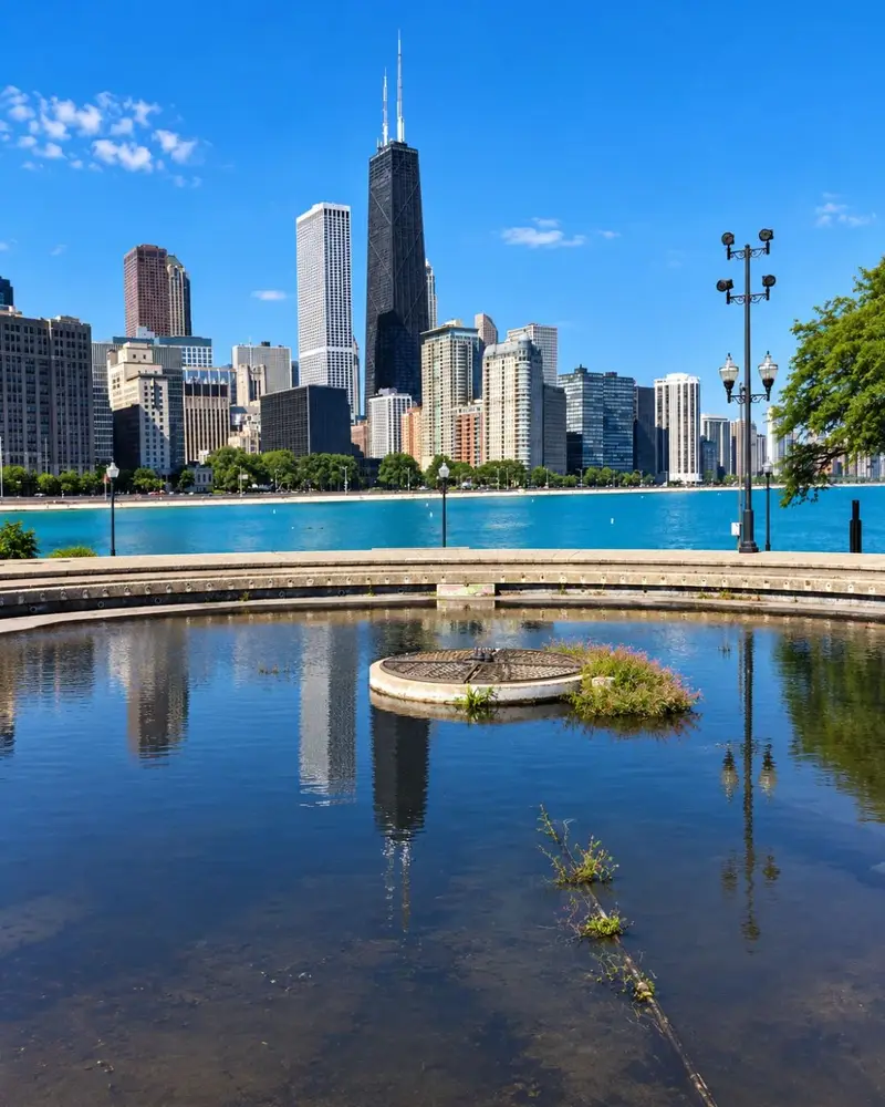 The Chicago skyline and John Hancock Center reflected in a circular concrete water feature at Milton Lee Olive Park on a bright sunny day.