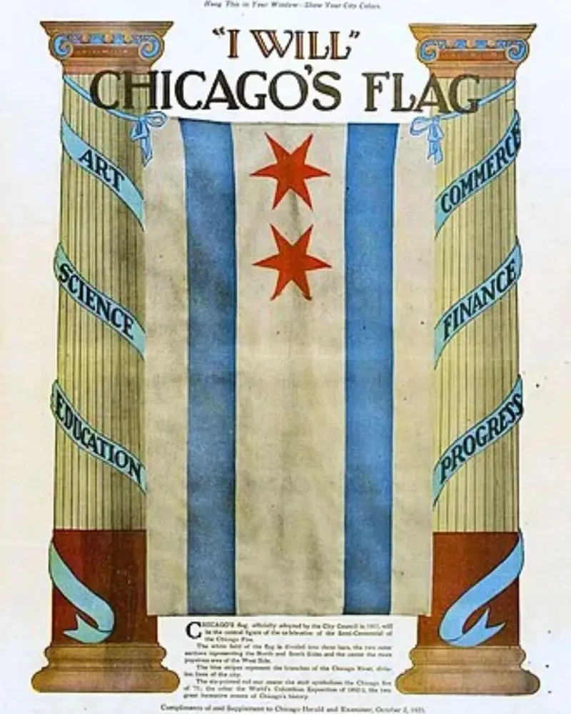 Vintage 1921 Chicago Herald and Examiner poster displaying the original 1917 Chicago flag design, featuring only two six-pointed red stars positioned off-center toward the hoist side.