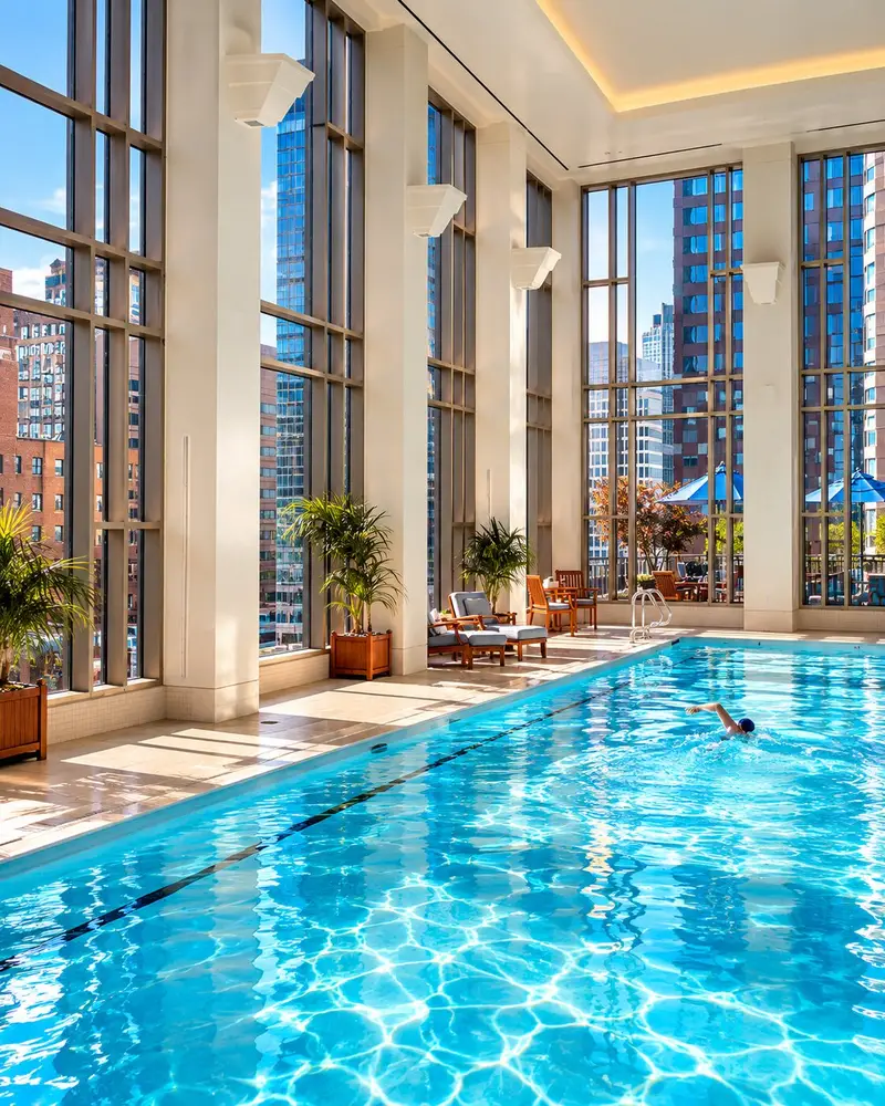 A swimmer glides through a bright, sunlit indoor lap pool lined with expansive floor-to-ceiling grid windows. The spacious pool deck features white columns, potted palm trees, and comfortable lounge chairs, with views of neighboring city skyscrapers visible just outside.
