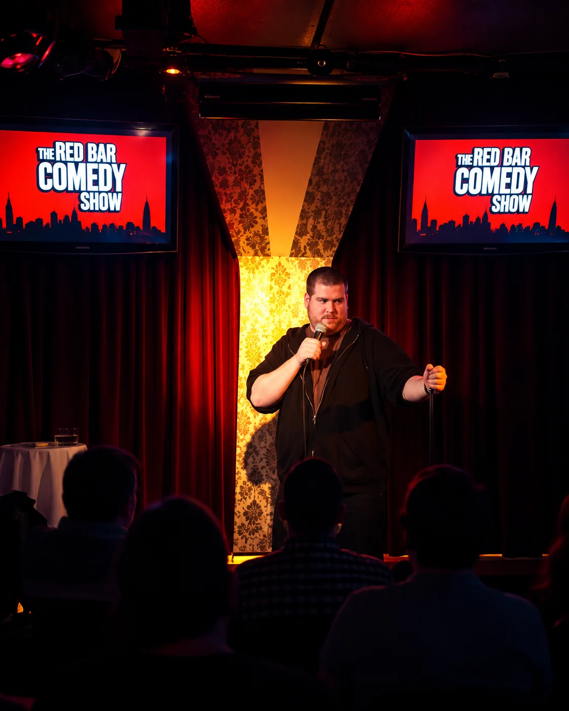 A stand-up comedian stands center stage under a warm spotlight, holding a microphone and gesturing during a performance. Two glowing digital screens displaying "The Red Bar Comedy Show" logo flank the stage above a silhouetted audience sitting in the dark.