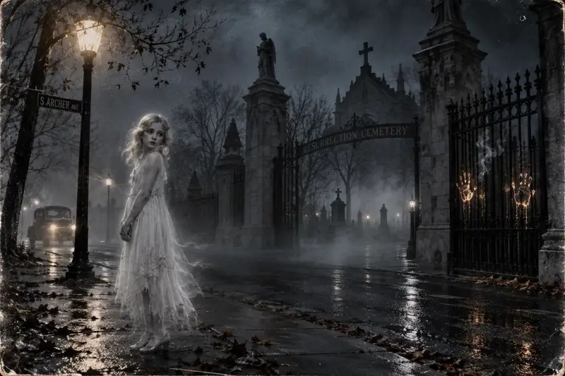 A dramatic artistic illustration depicting a blonde girl in a vintage white dress standing on a wet street at night next to a streetlamp on South Archer Avenue outside the gates of Resurrection Cemetery.
