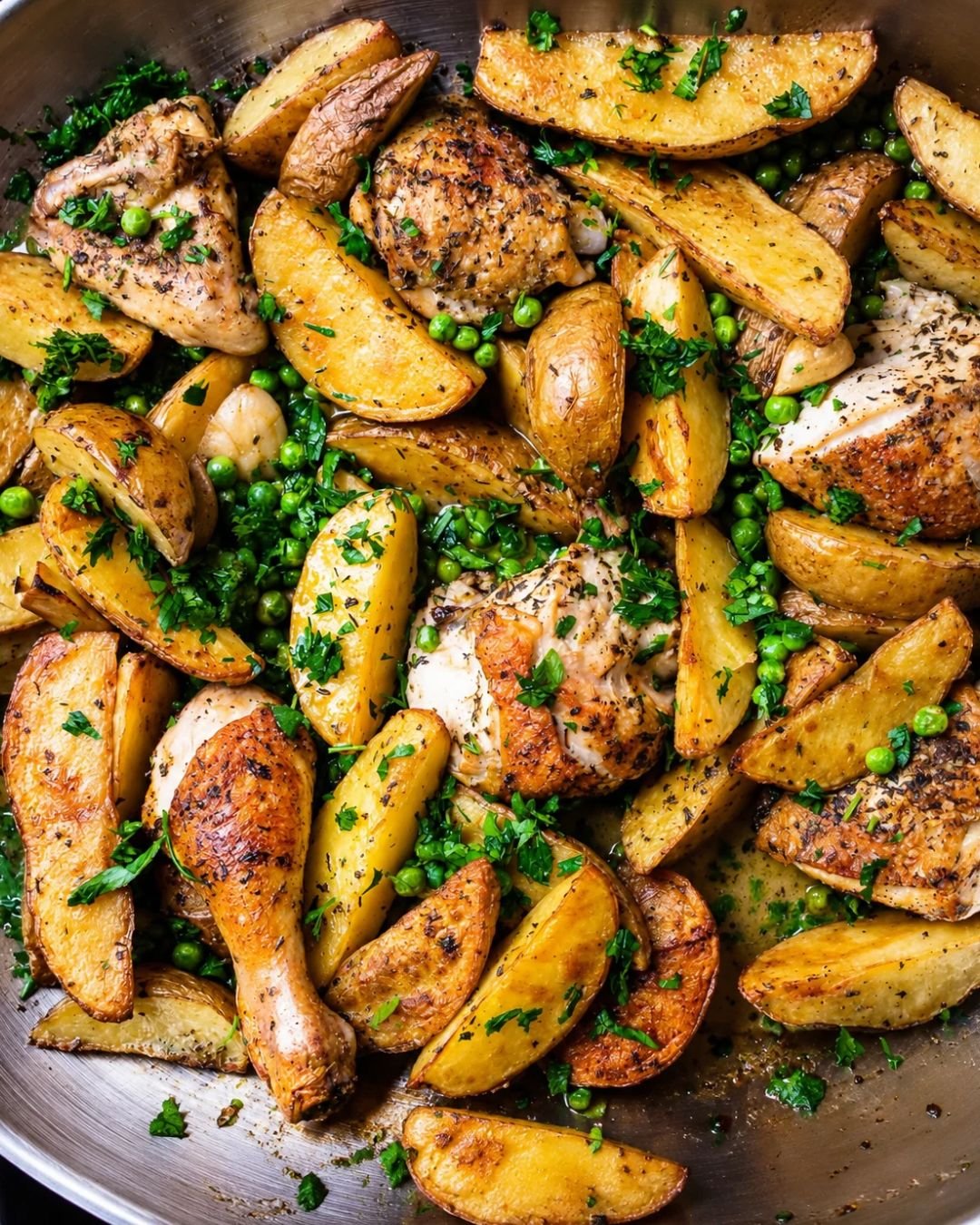 An overhead, close-up view of a stainless steel skillet filled with rustic Chicken Vesuvio. Roasted bone-in chicken pieces with herb-crusted skin are nestled among numerous golden-brown potato wedges, green peas, whole garlic cloves, and a generous scatter of fresh chopped parsley.