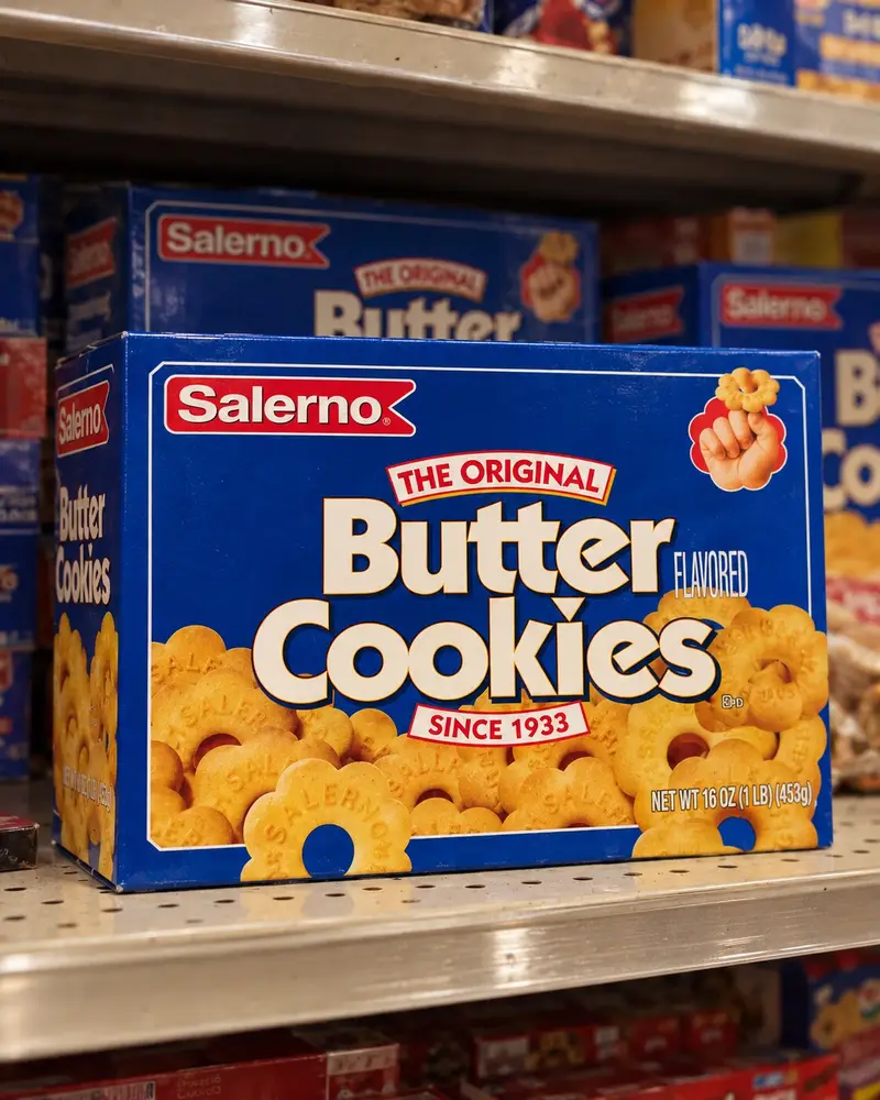 A large blue box of Salerno Original Butter Cookies sits prominently on a metal grocery store shelf surrounded by other stacked cookie packages. The product packaging features bold white typography for "Butter Cookies" layered over an image of golden, flower-shaped cookies, complete with the iconic red and white Salerno logo.