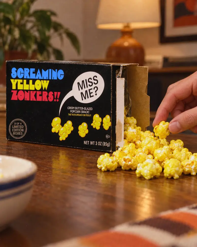 An open black box of Screaming Yellow Zonkers rests horizontally on a dark wood table as golden, glazed popcorn spills out onto the surface. A person's hand is visible on the right, pinching a single piece of popcorn next to the box, which features a playful speech bubble reading "MISS ME?".