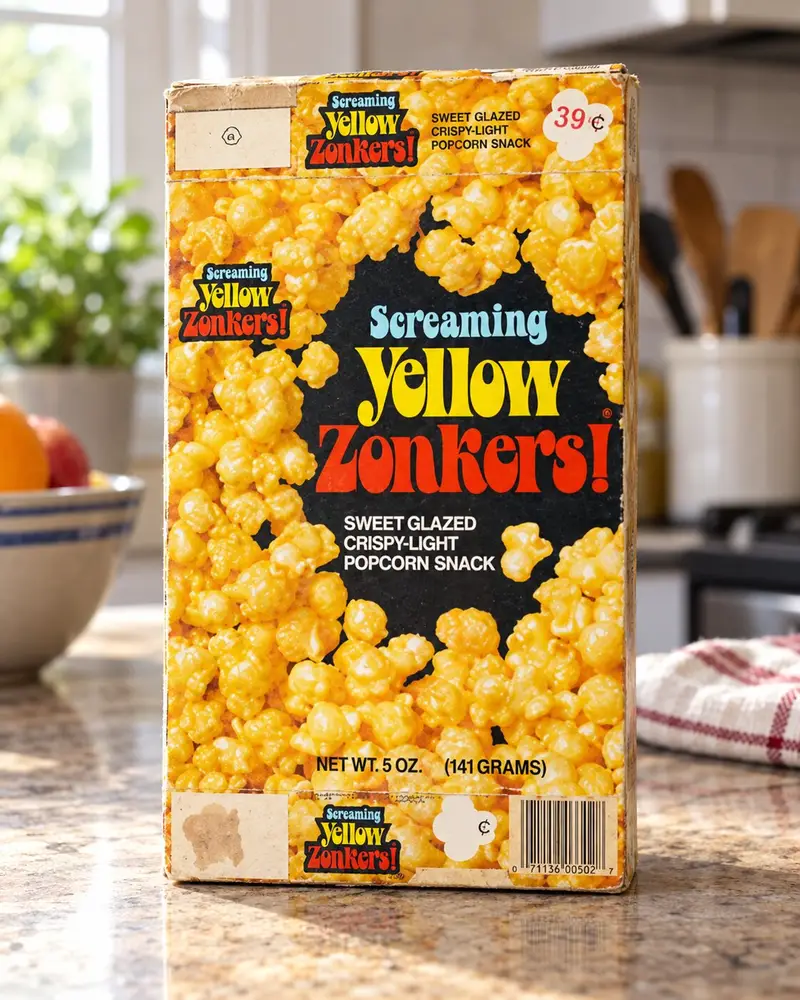 A retro box of Screaming Yellow Zonkers sweet glazed popcorn snack stands upright on a granite kitchen countertop under bright, natural morning light. The vintage packaging features a dark center label with bold blue, yellow, and red typography surrounded by a dense background graphic of golden, glazed popcorn clusters.
