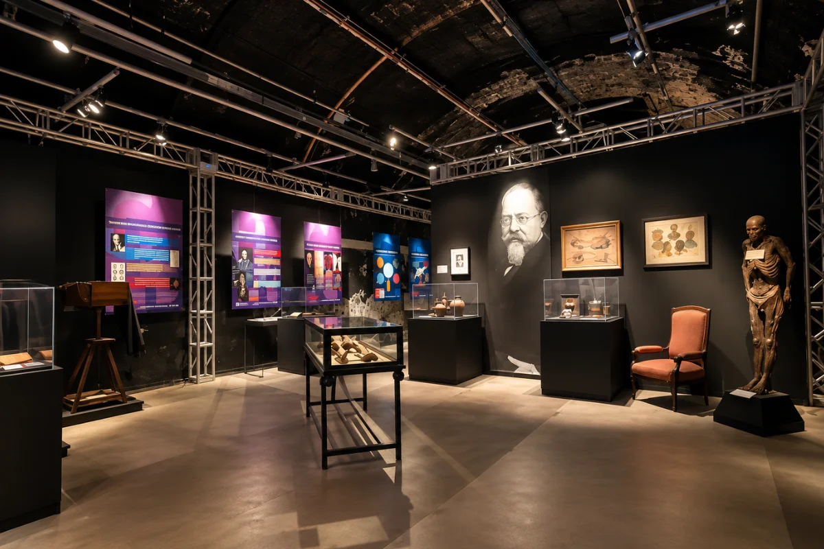 A wide view of a dimly lit gallery inside the Serial Killer Exhibition in Chicago, featuring glass display cases, illuminated informational panels, and historical artifacts.