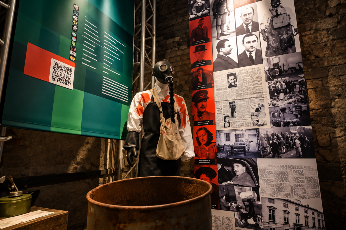 A museum display at the Serial Killer Exhibition featuring a mannequin in a gas mask and apron standing next to a rusty barrel, set against a wall covered in historical black-and-white photographs and newspaper clippings.