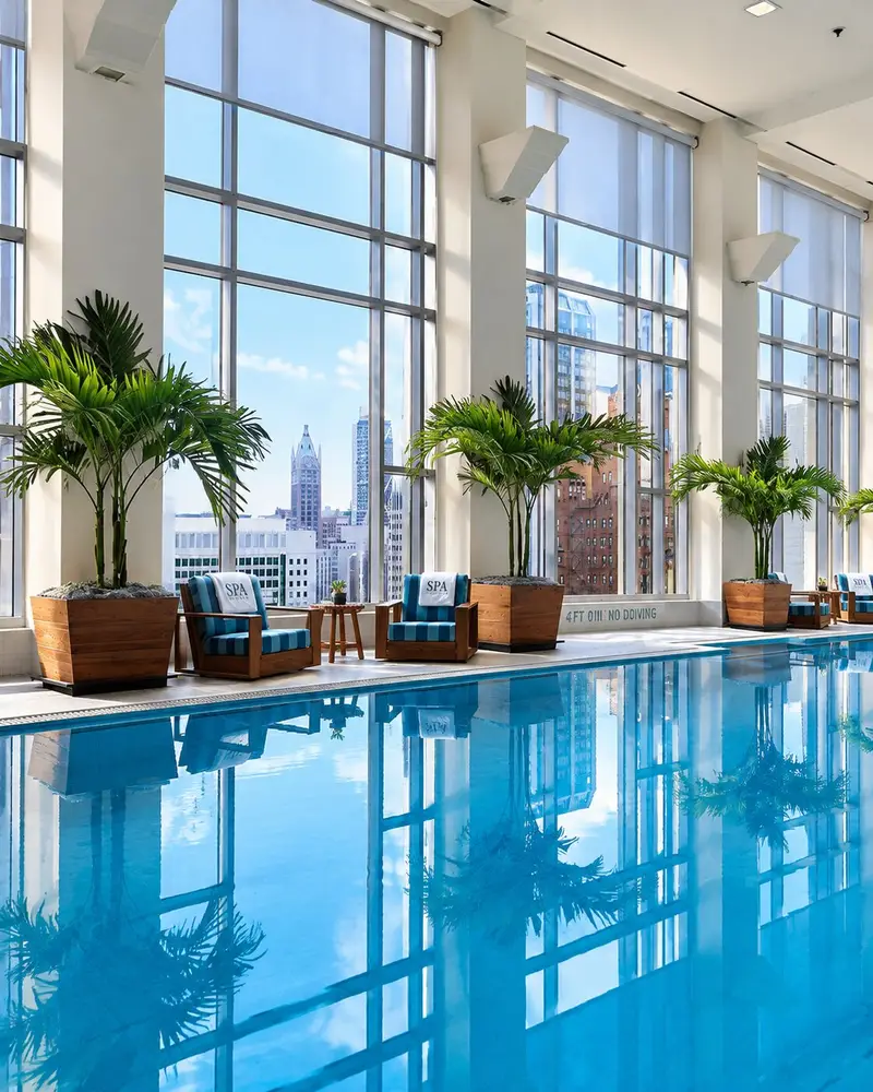 A long, mirror-like indoor lap pool reflects a row of large potted palm trees and blue striped lounge chairs set along a pristine deck. Expansive grid windows run the entire length of the room, offering a clear view of the surrounding downtown Chicago skyscrapers.