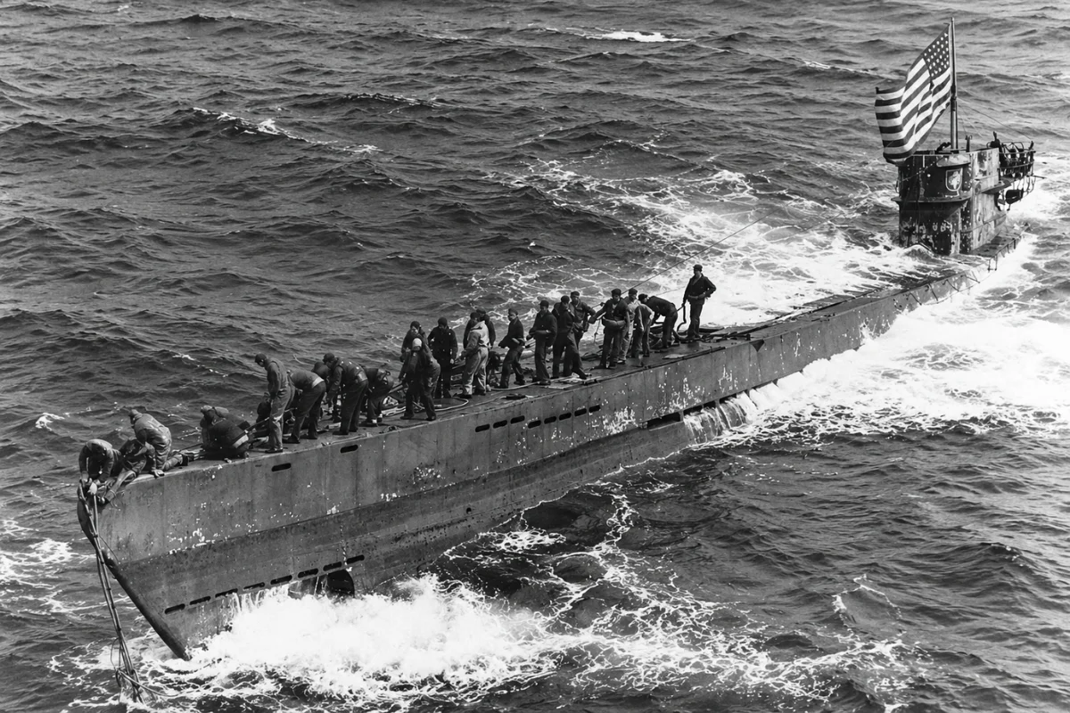 Black and white historical photograph of the captured German U-505 submarine in the Atlantic Ocean in 1944, with a large American flag flying from the conning tower and U.S. Navy sailors working on the wet deck.