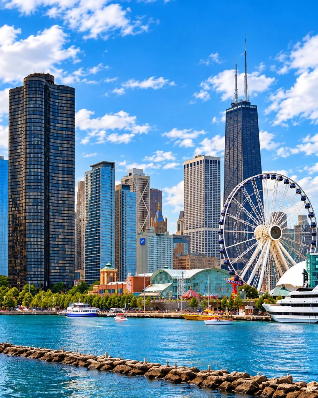 A vibrant view of the Chicago skyline on a sunny day, featuring the iconic Navy Pier Ferris wheel and the John Hancock Center overlooking the bright blue waters of Lake Michigan.