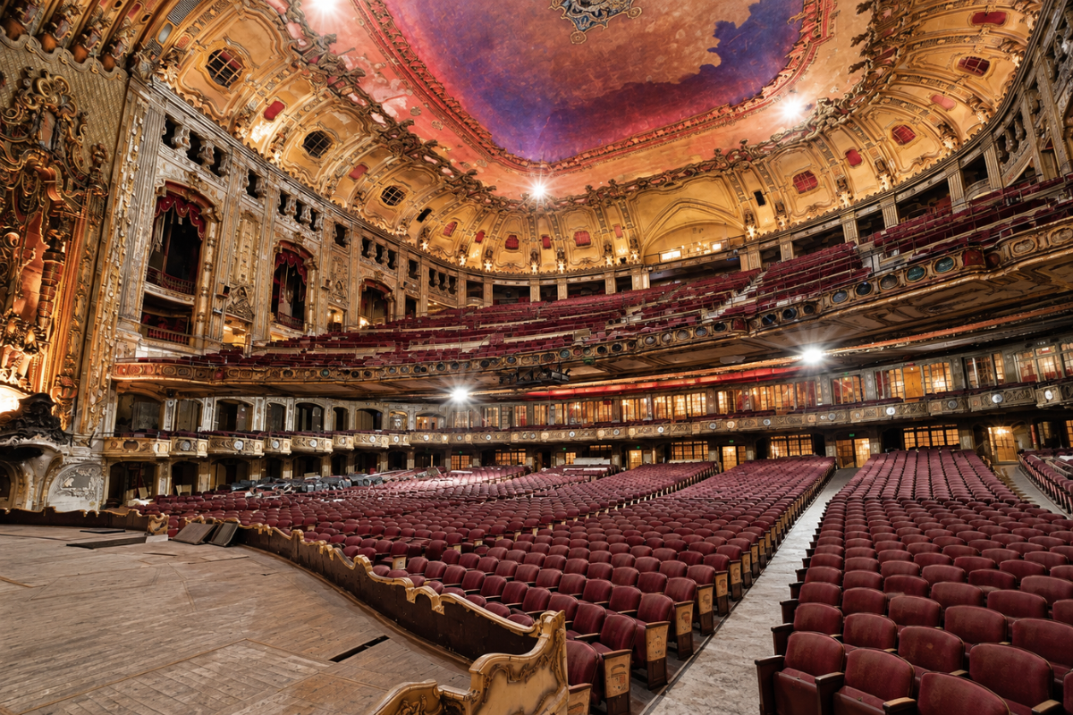 The historic interior of the Uptown Theatre in Chicago, featuring rows of empty red seats, multi-level balconies, and ornate Spanish Baroque ceiling details.