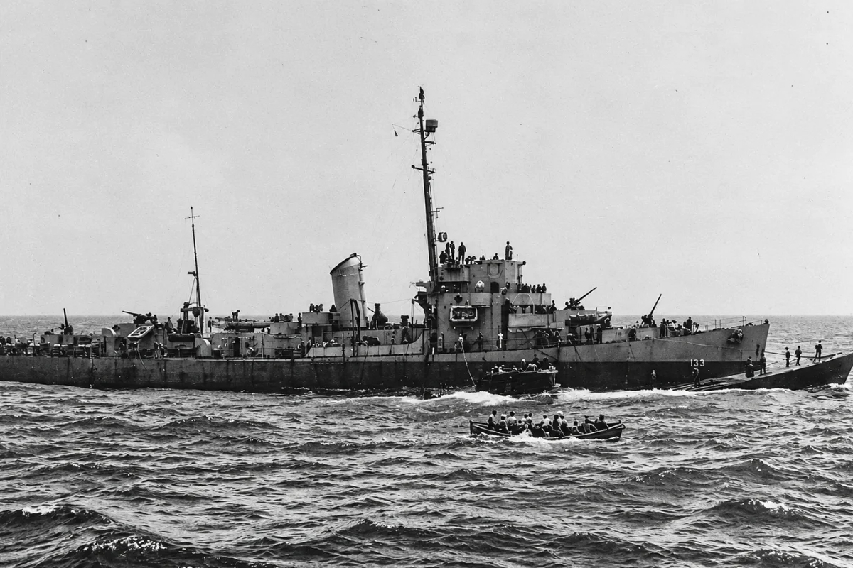 Black and white historical photograph of the USS Pillsbury destroyer escort, hull number 133, launching a small open whaleboat into the rough Atlantic Ocean during the 1944 capture of the U-505 submarine.