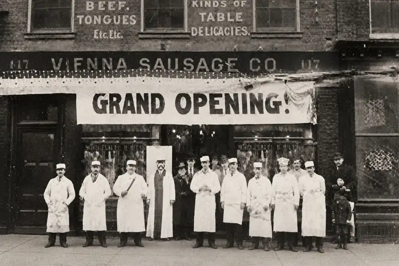 A black and white vintage-style image of a storefront reading "Vienna Sausage Co." with a "Grand Opening!" banner, showing a group of butchers in long white coats standing on the sidewalk.