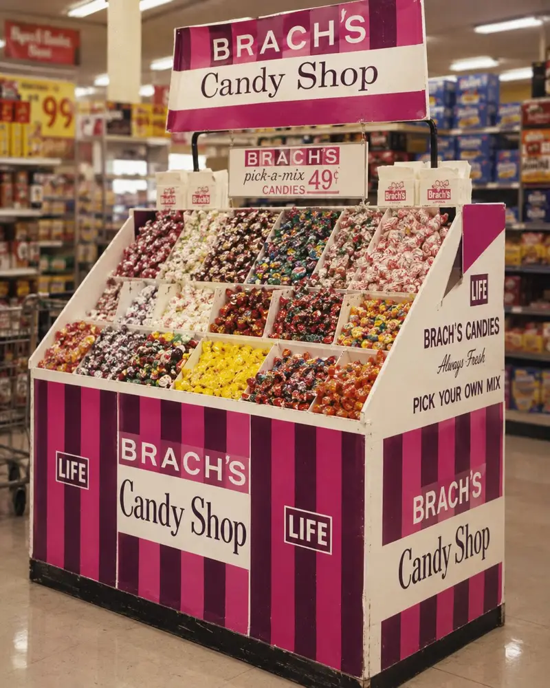 A nostalgic, multi-tiered "Brach's Candy Shop" bulk display stand filled with colorful wrapped candies sits on a supermarket floor. The white cardboard structure features retro magenta and purple vertical stripes, large text encouraging shoppers to "PICK YOUR OWN MIX," and an overhead sign pricing the candies at 49 cents.
