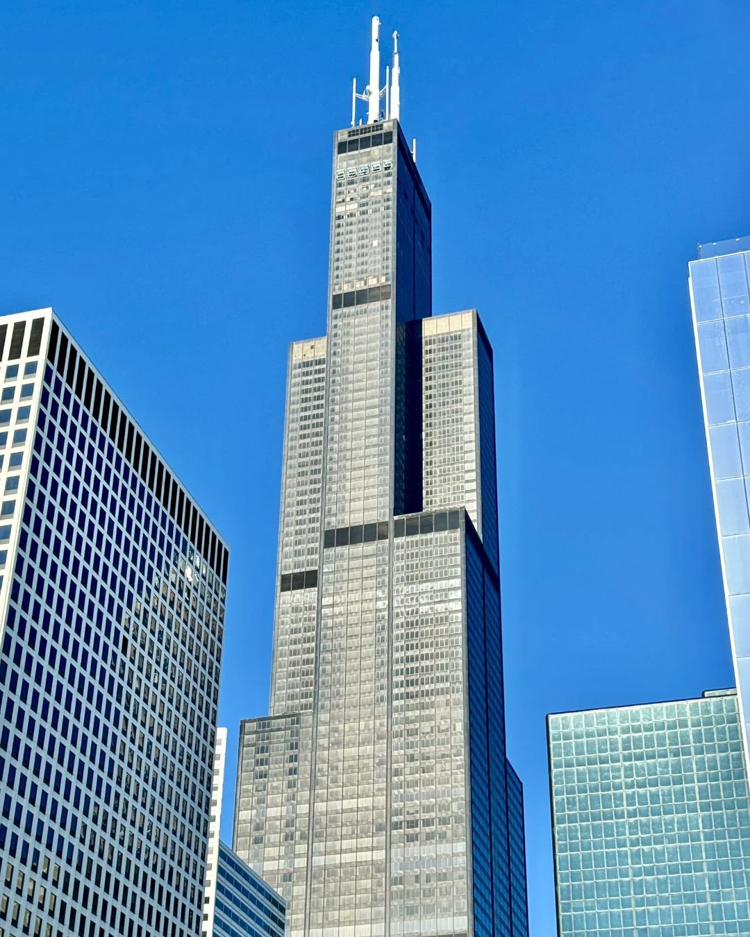 The iconic, dark-stepped Willis Tower rises majestically into a solid, clear blue sky as the centerpiece of this urban architectural view. The tower’s distinctive black glass and steel modular design is topped by two tall, white-pointed broadcast antennas reaching upward. The lower foreground features a white residential high-rise with grid-like balconies on the left and a dense, square-windowed office building on the right.